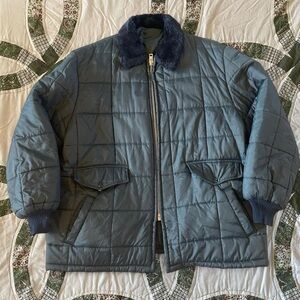 VTG Men's Quilted Puffer Jacket with Faux Fur Collar Navy Blue Size Large